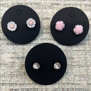 Floral and‎ Crystal Kids Earrings Set - Pink and White